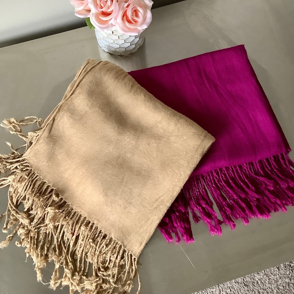 Chic Fringed Tan and Pink Scarves